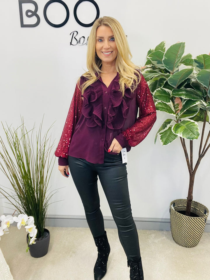 LADIES SEQUIN ARM FRILL BLOUSE - BLACK, SILVER, BERRY, BEIGE & BROWN