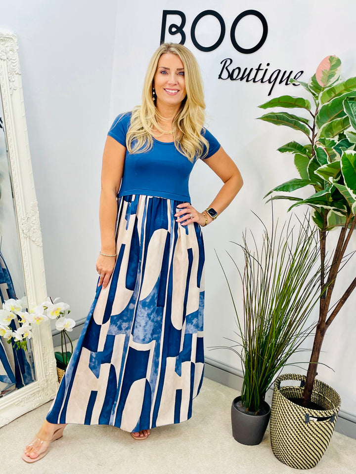 LADIES ABSTRACT PRINT T SHIRT DRESS - BLUE, NAVY, DENIM, RED & BROWN