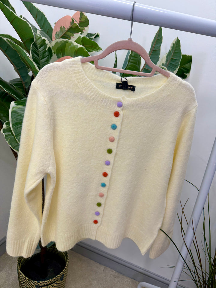 LADIES CREAM MULTI COLOURED BUTTON CARDIGAN TOP