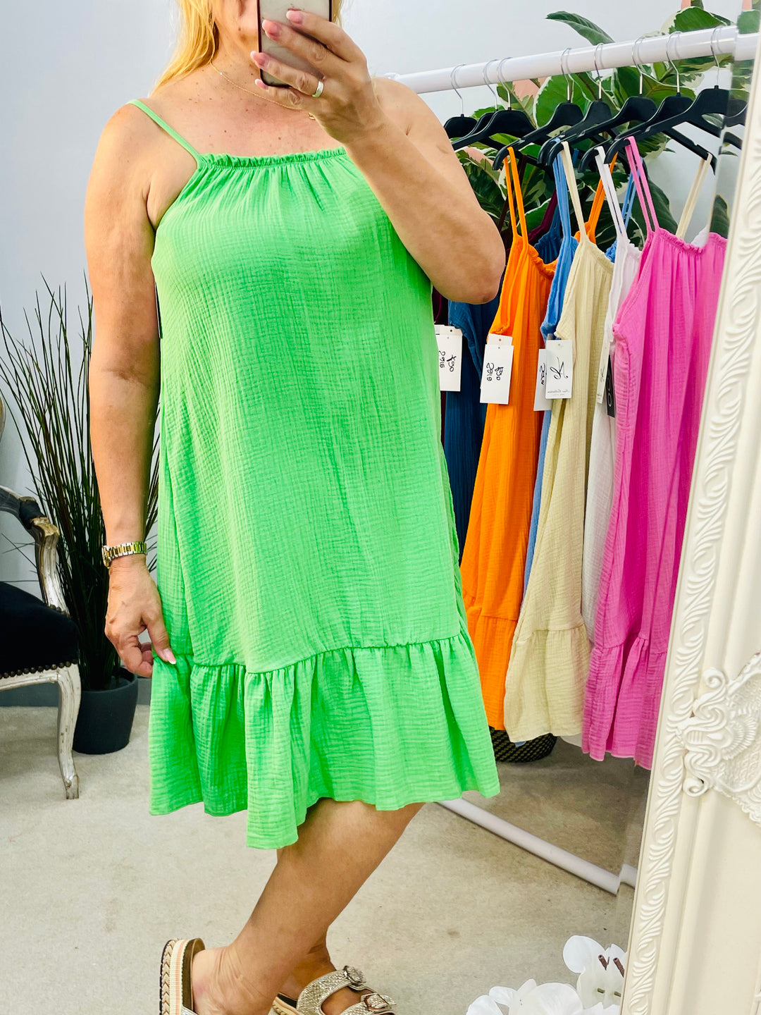 LADIES CHEESECLOTH SUMMER CAMI DAY DRESS BRIGHT GREEN