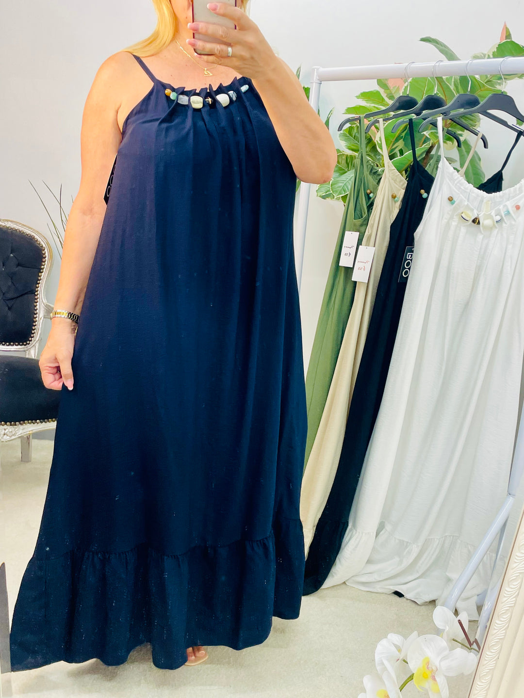 LADIES FLOATY SUMMER MAXI DRESS - BLACK, NAVY, BEIGE, KHAKI & WHITE