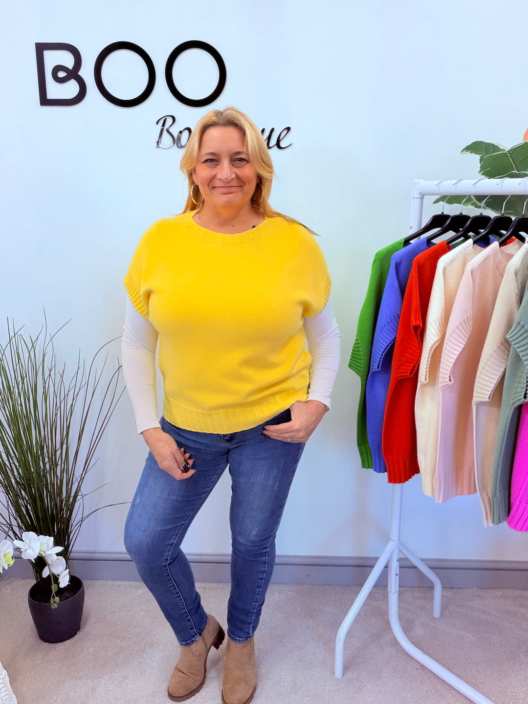 LADIES KNITTED TANK TOP JUMPER - ORANGE, PINK, YELLOW, CREAM, GREEN, KHAKI, BEIGE