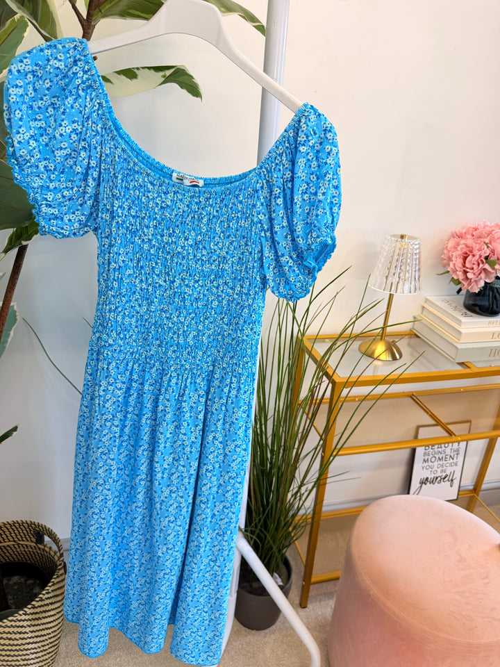 Ladies Daisy Print Sheered Bust Summer Day Dress - Turquoise, Denim Blue & Pink