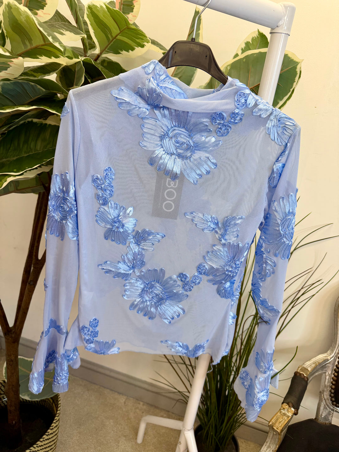 LADIES SHEER LACY TOP - BLUE, BLACK, WHITE, PINK & BROWN