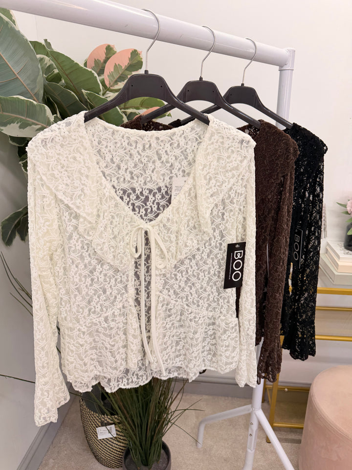 Ladies Fashion Lace Bolero Cardigan - Brown, White & Black