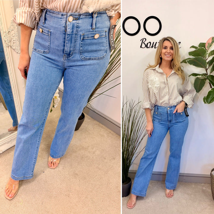 Ladies Fashion Light Blue Denim Straight Leg Jeans