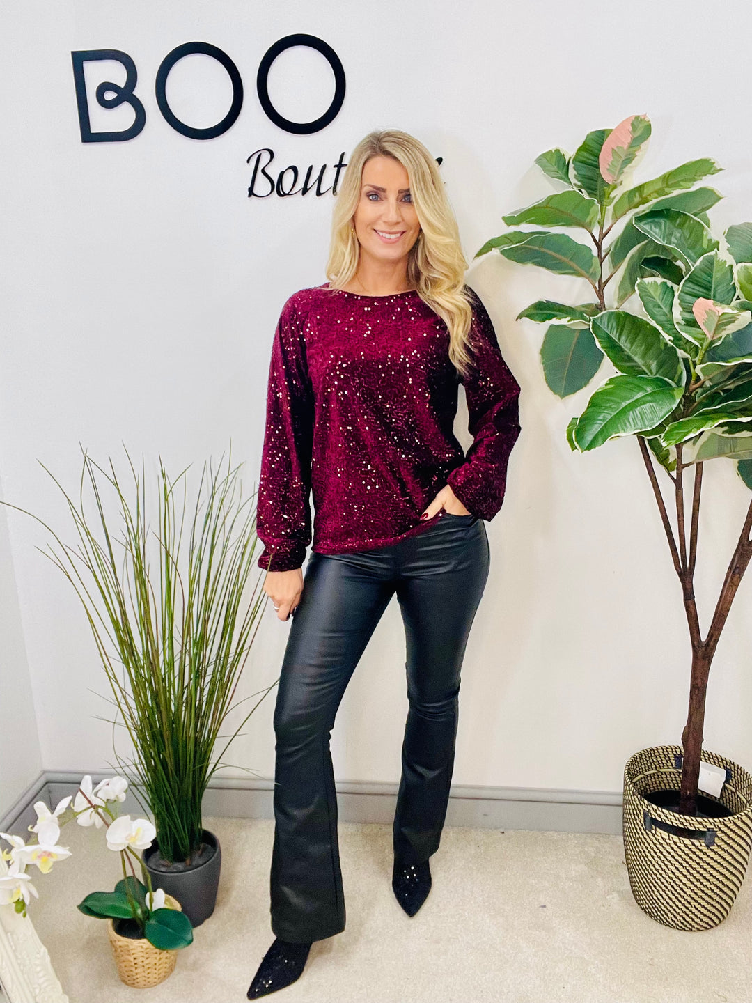 LADIES SEQUIN BOW BACK PARTY TOP - BROWN, BLACK, NAVY, BERRY & SILVER