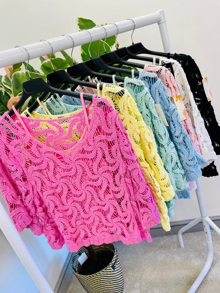 LADIES WOMENS CROCHET TOP - PINK, WHITE, BLACK, MINT, BLUE, YELLOW & MINT