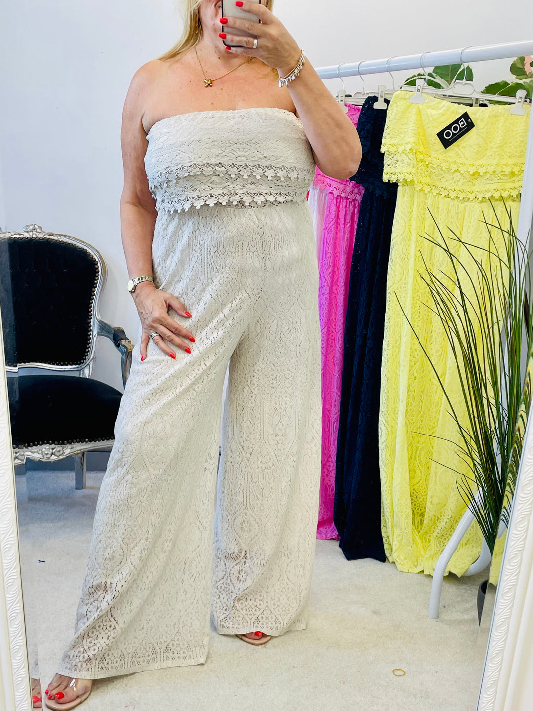 LADIES LACE BARDOT SUMMER JUMPSUIT - YELLOW, NAVY, FUSCHIA, WHITE, CORAL, BEIGE
