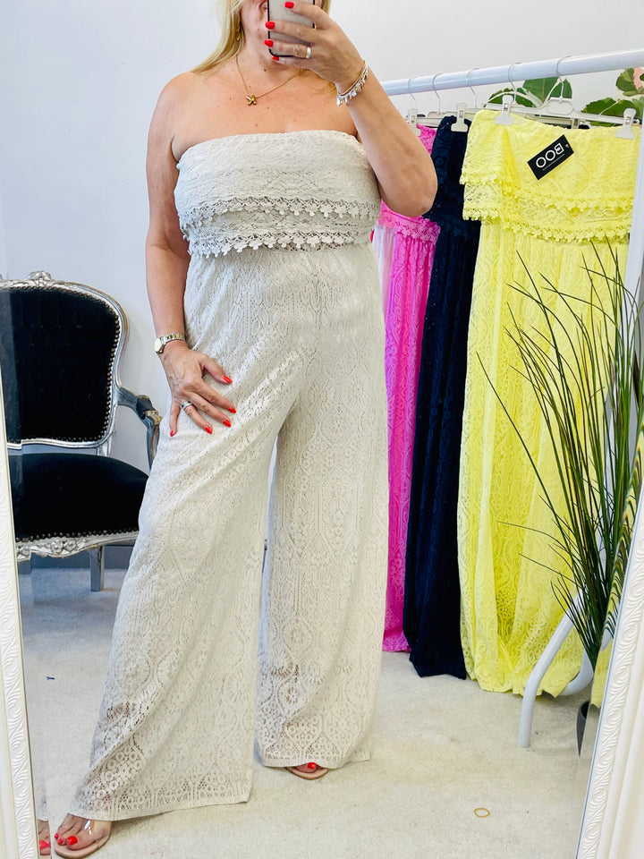 LADIES LACE BARDOT SUMMER JUMPSUIT - YELLOW, NAVY, FUSCHIA, WHITE, CORAL, BEIGE