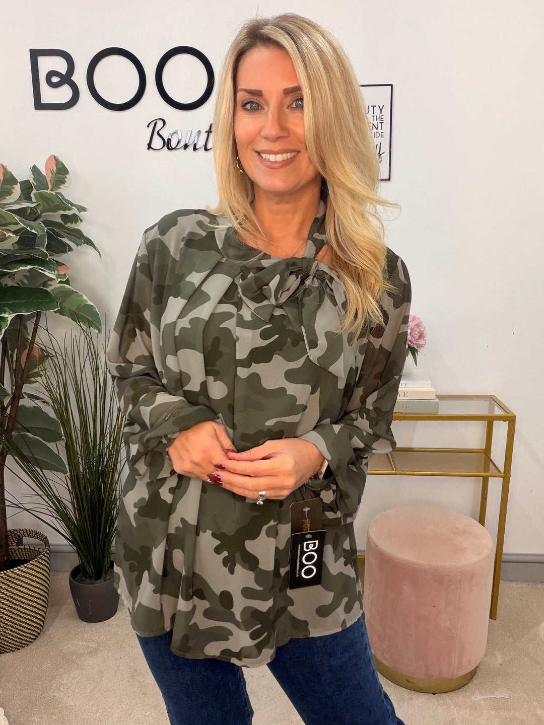Womens sheer chiffon camouflage high neck blouse top