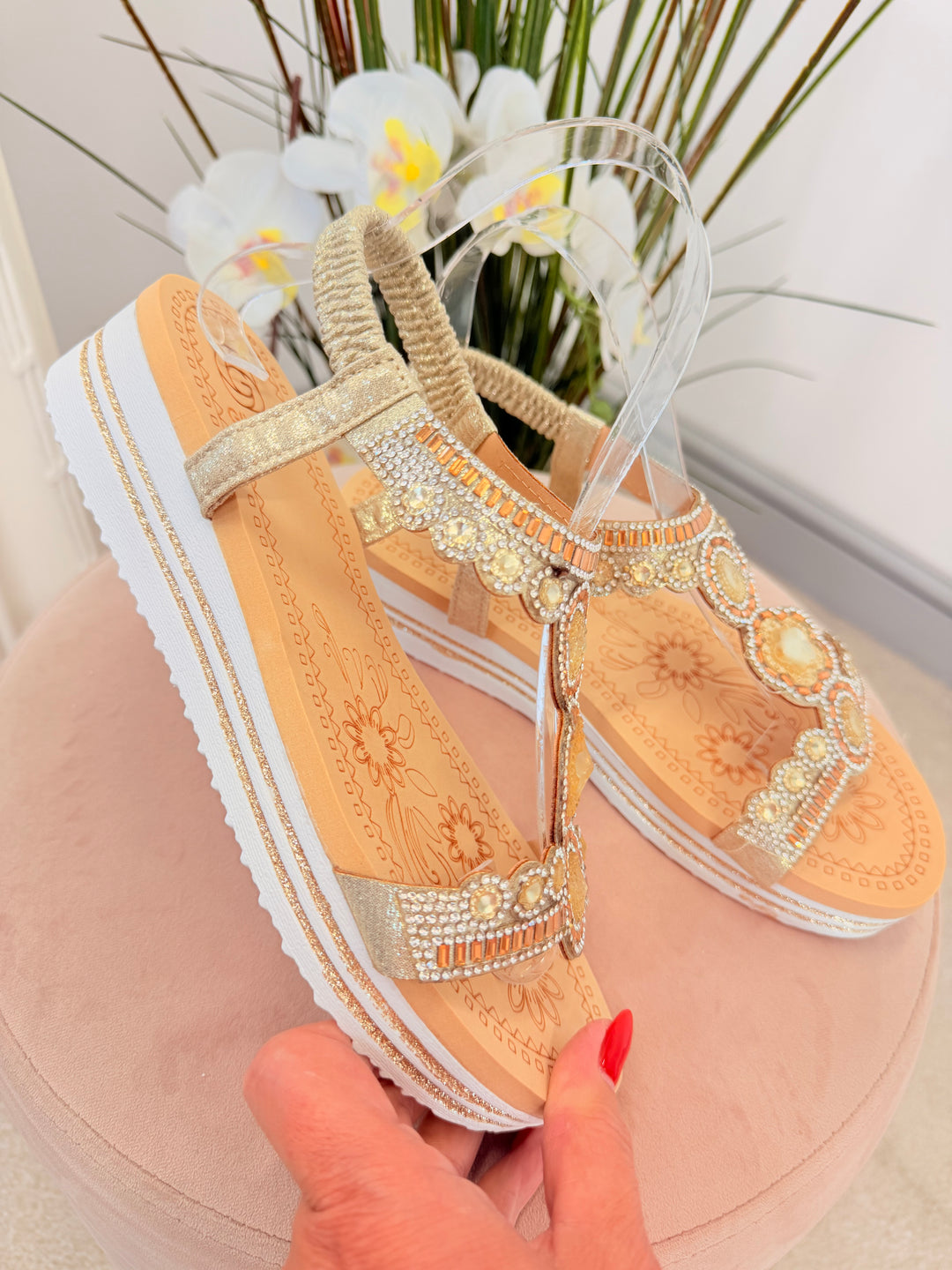 Ladies Fashion Gold Jewelled Small Wedge Sandals Shoes