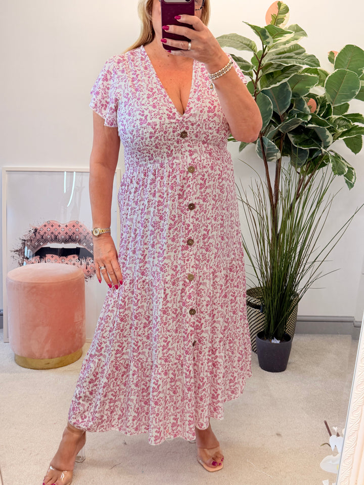 Ladies Fashion Daisy Print Midi Day Dress - Blue, Navy, Pink, Red