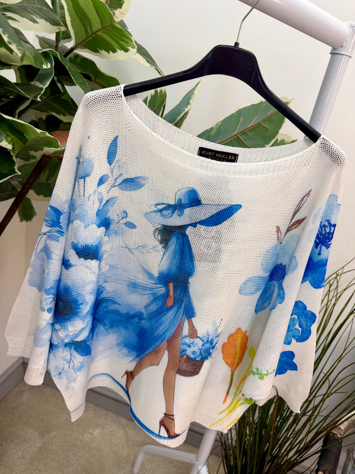 LADIES FASHION WHITE BATWING JUMPER - PINK & BLUE