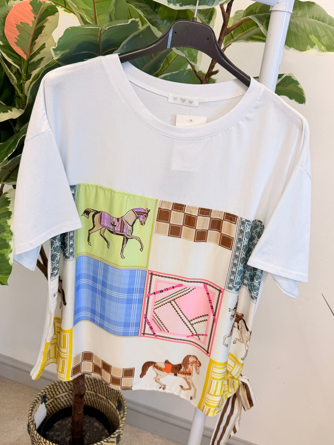 Ladies White Satin T Shirt - Pink & Blue
