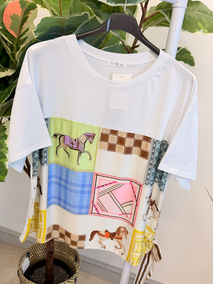 Ladies White Satin T Shirt - Pink & Blue