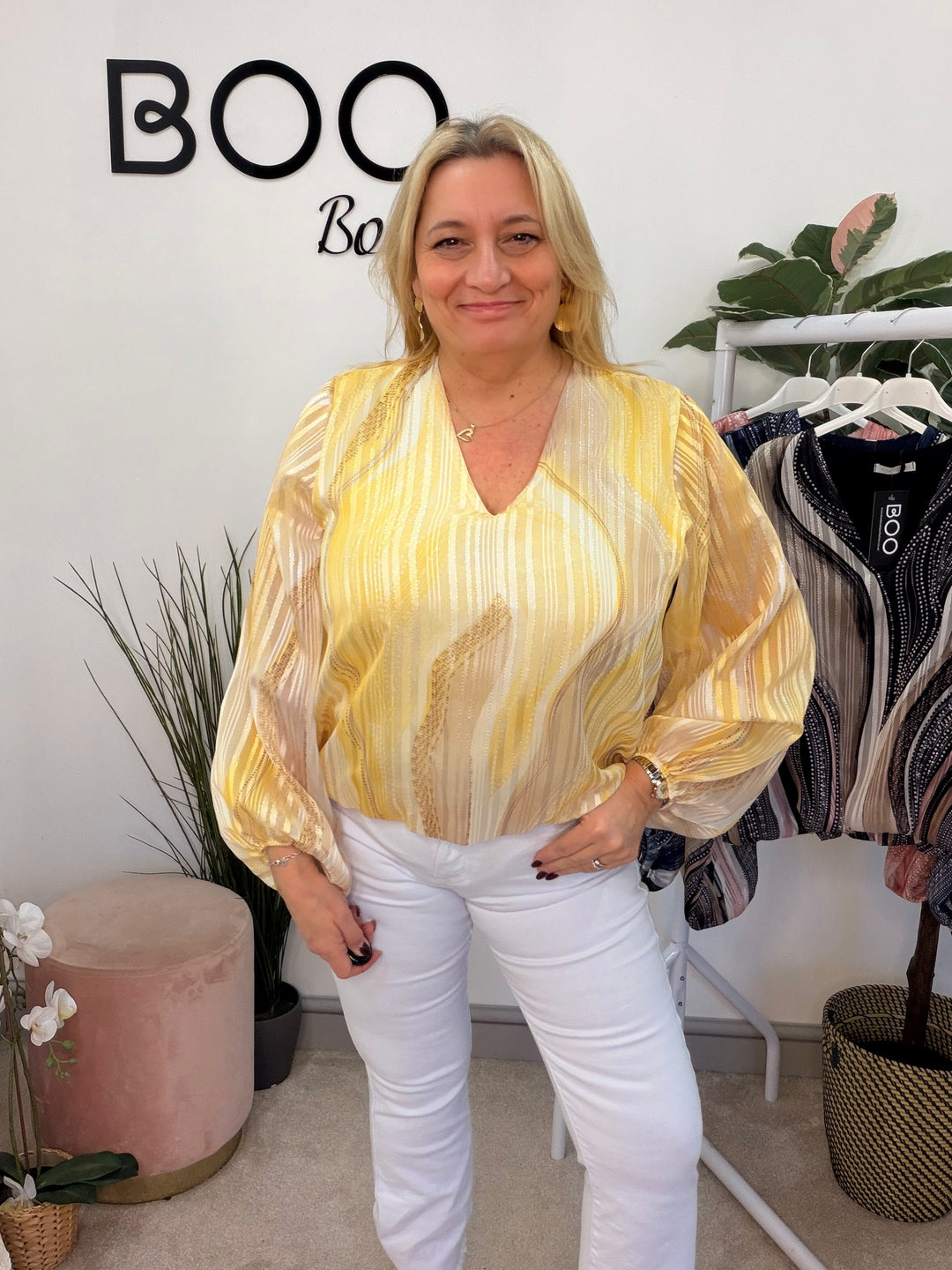 Ladies Fashion Chiffon Long Sleeve Top - black, yellow, pink & navy