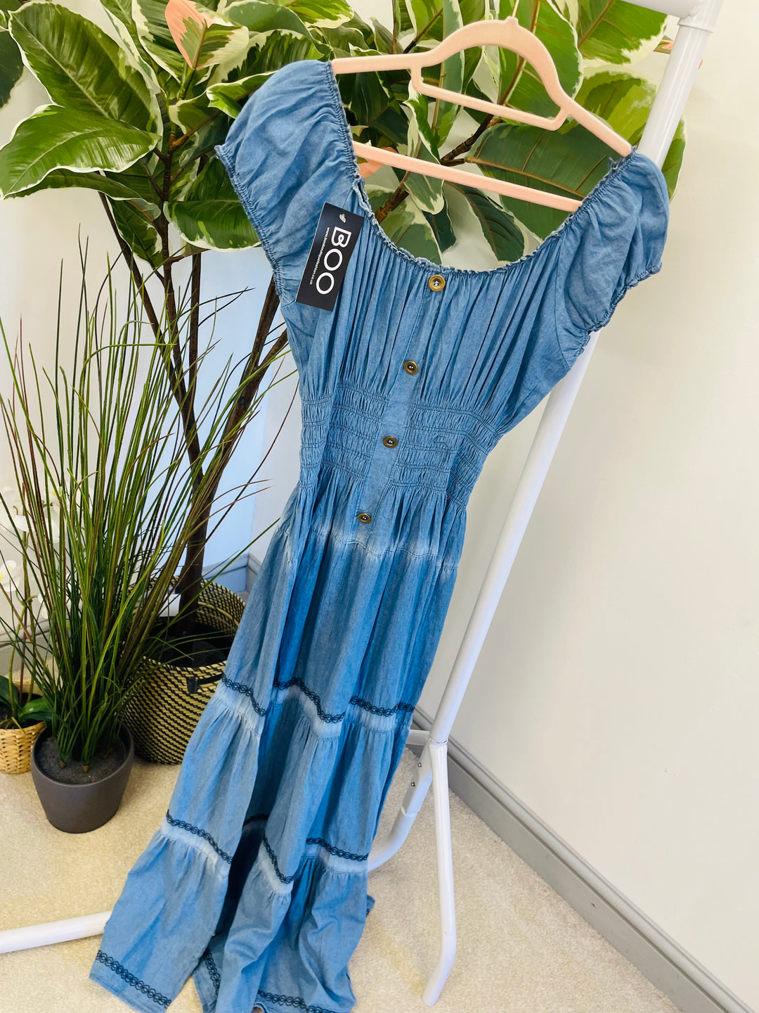 LADIES WOMENS CHAMBRAY DENIM FLATTERING SUMMER MAXI DRESS