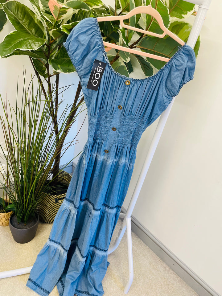 LADIES WOMENS CHAMBRAY DENIM FLATTERING SUMMER MAXI DRESS
