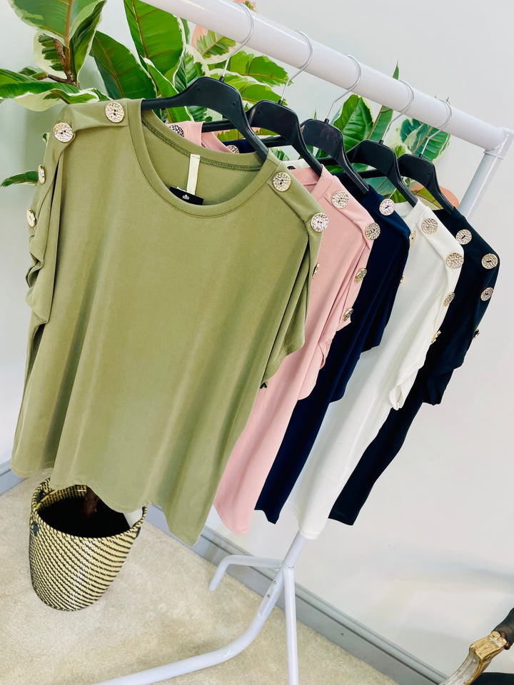LADIES CASUAL STRETCH GOLD BUTTON T SHIRT - PINK, NAVY, WHITE, BLACK, KHAKI
