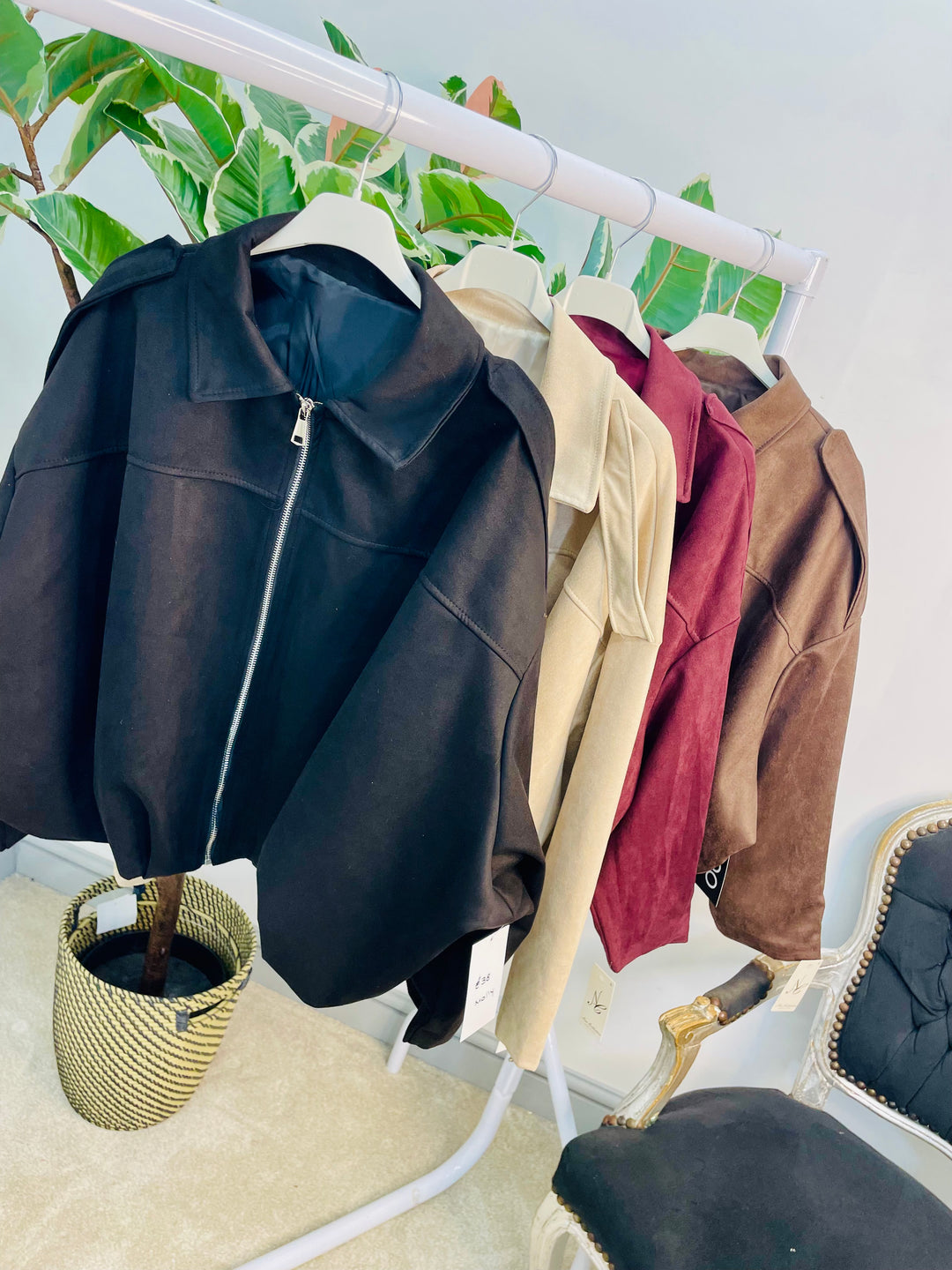 LADIES FASHION FAUX SUEDE BOMBER JACKET - BLACK, BEIGE, BROWN & BURGUNDY WINE