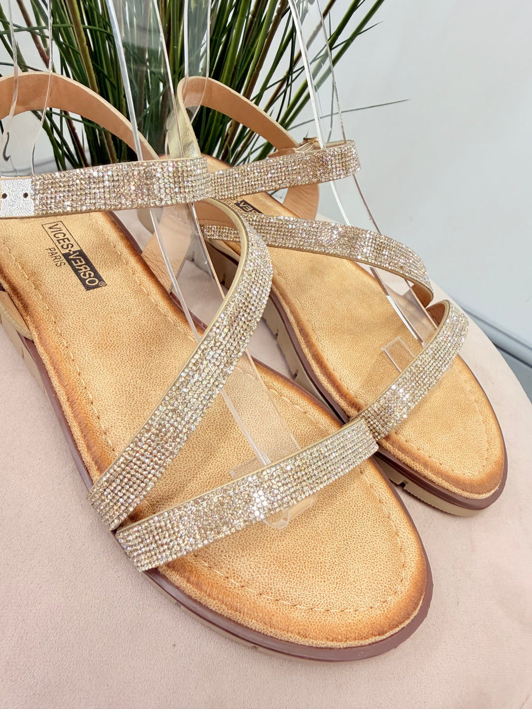 Ladies Diamante Small Wedge Heel Sandals - gold and silver