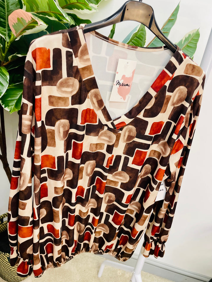 LADIES RETRO PRINT TOP BLOUSE - BLACK, BROWN, BURGUNDY