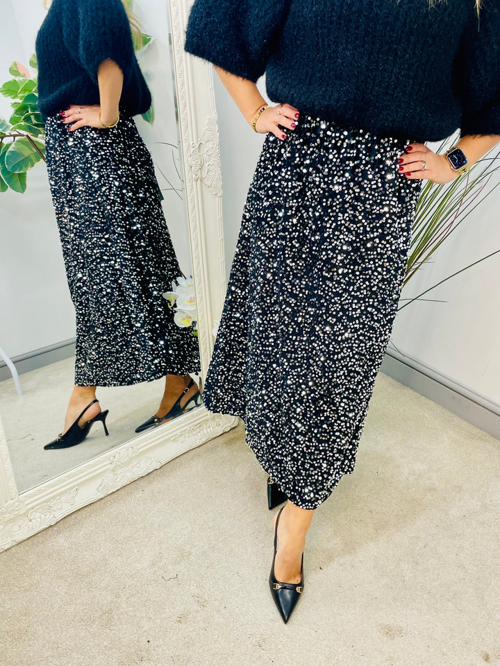 LADIES SEQUIN MAXI SKIRT - BLACK & SILVER