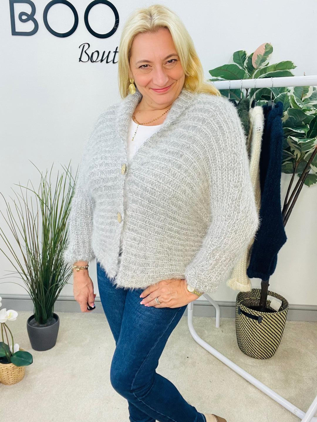 LADIES FLUFFY KNIT CARDIGAN - KHAKI, NAVY, GREY, BLACK, BEIGE, BROWN