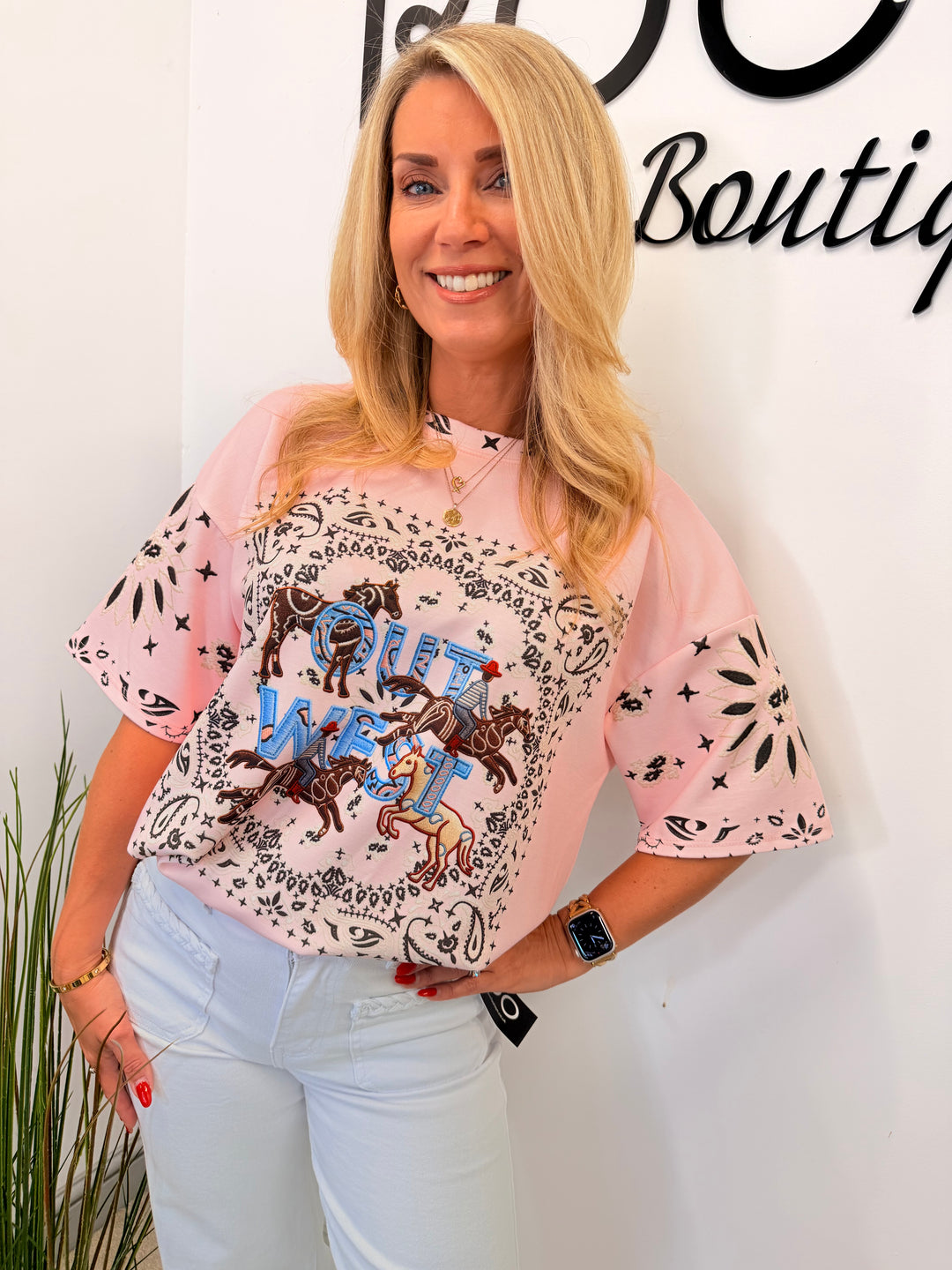 Ladies Fashion Cowboy Short Sleeve Top - Pink, White, Blue