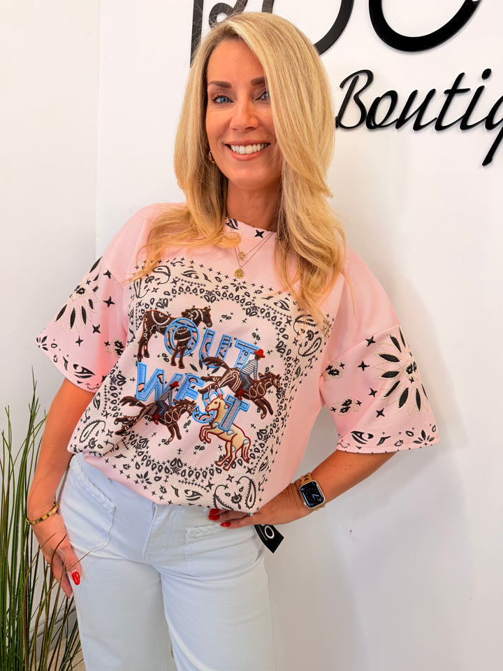 Ladies Fashion Cowboy Short Sleeve Top - Pink, White, Blue