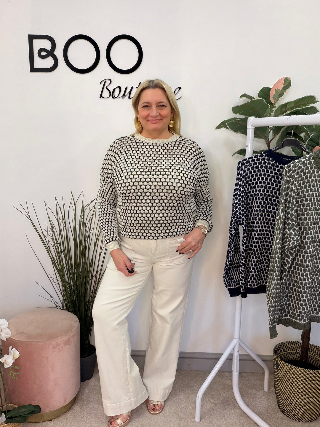 Ladies Fashion Jumper - navy, beige & khaki