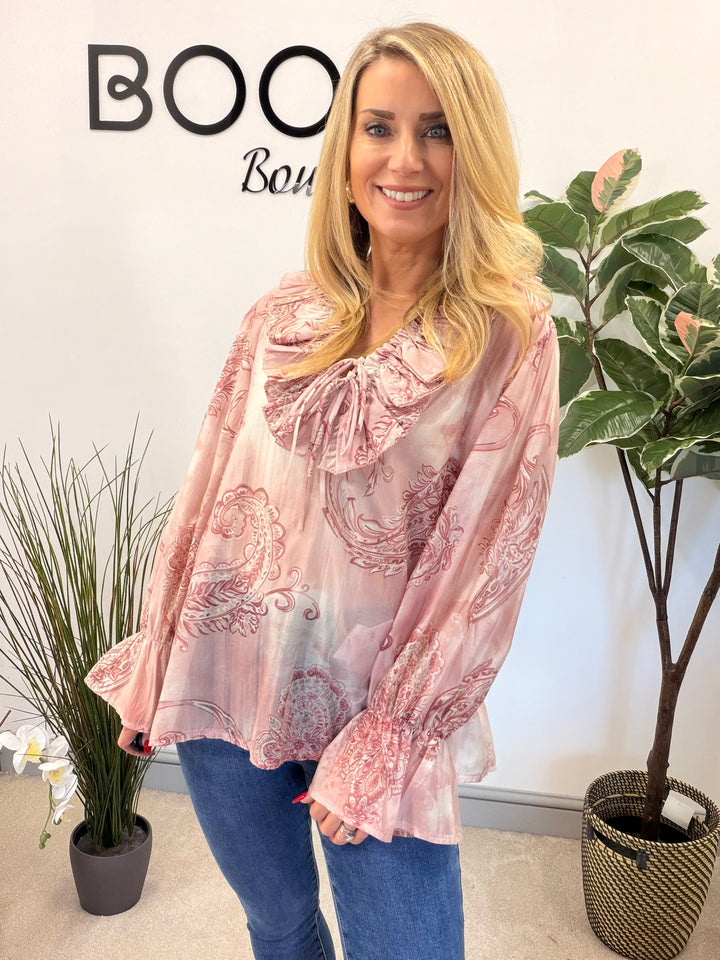 LADIES COTTON PAISLEY PRINT FLOATY BLOUSE - PINK, BEIGE, BLUE, BLACK, MOCHA