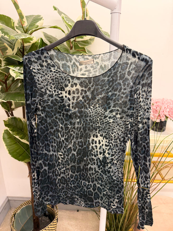 Womens sheer animal print sheer long sleeve top - brown, navy, khaki, plum, grey