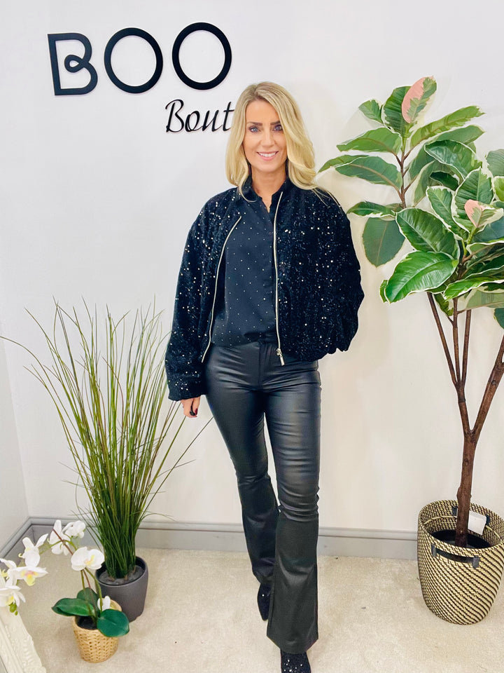 LADIES SEQUIN BOMBER JACKET - BLACK, SILVER, BERRY, BROWN