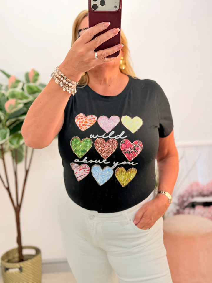Ladies Stretch Sparkly Heart T Tee Shirt - Black & White