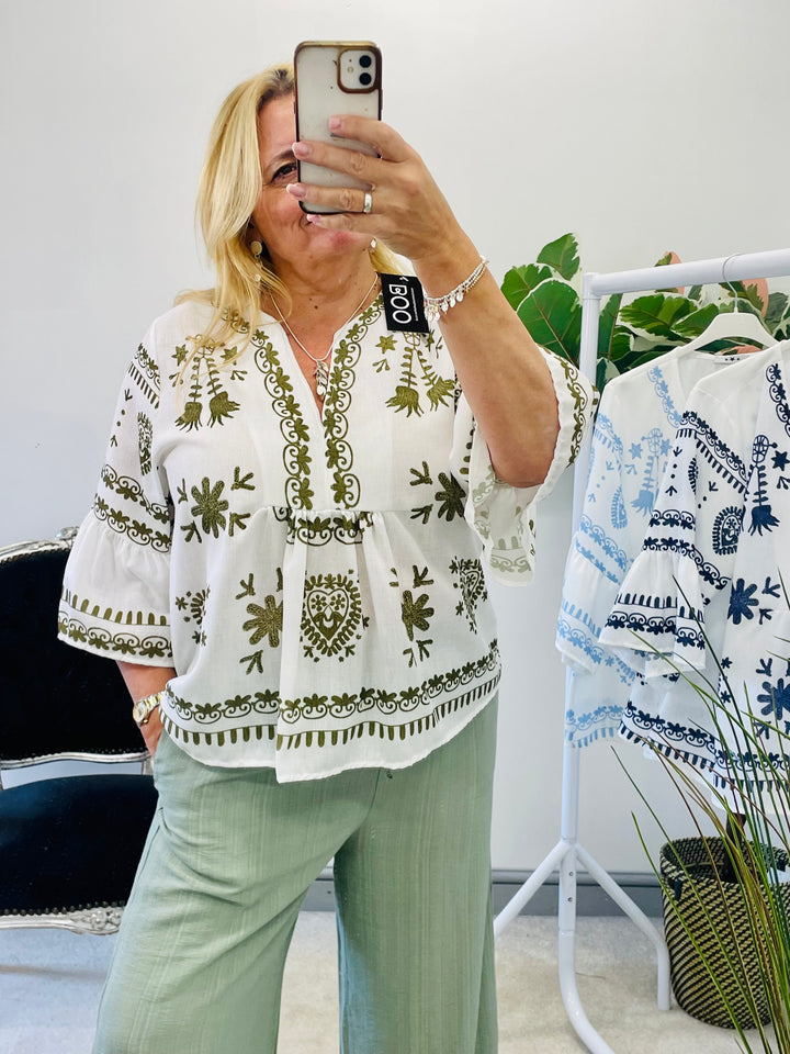 LADIES WOMENS WHITE BOHO SMOCK TOP - BLUE, NAVY & KHAKI