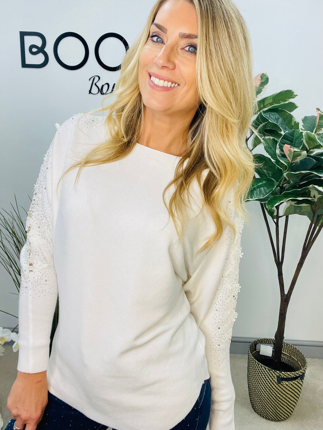 LADIES DIAMANTE SLEEVE BATWING JUMPER WHITE