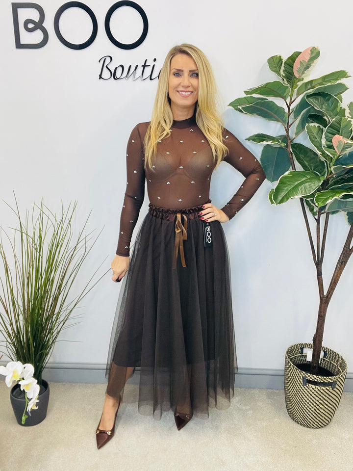 LADIES NET FAIRY MAXI SKIRT - RUST, BLACK, BROWN, BERRY