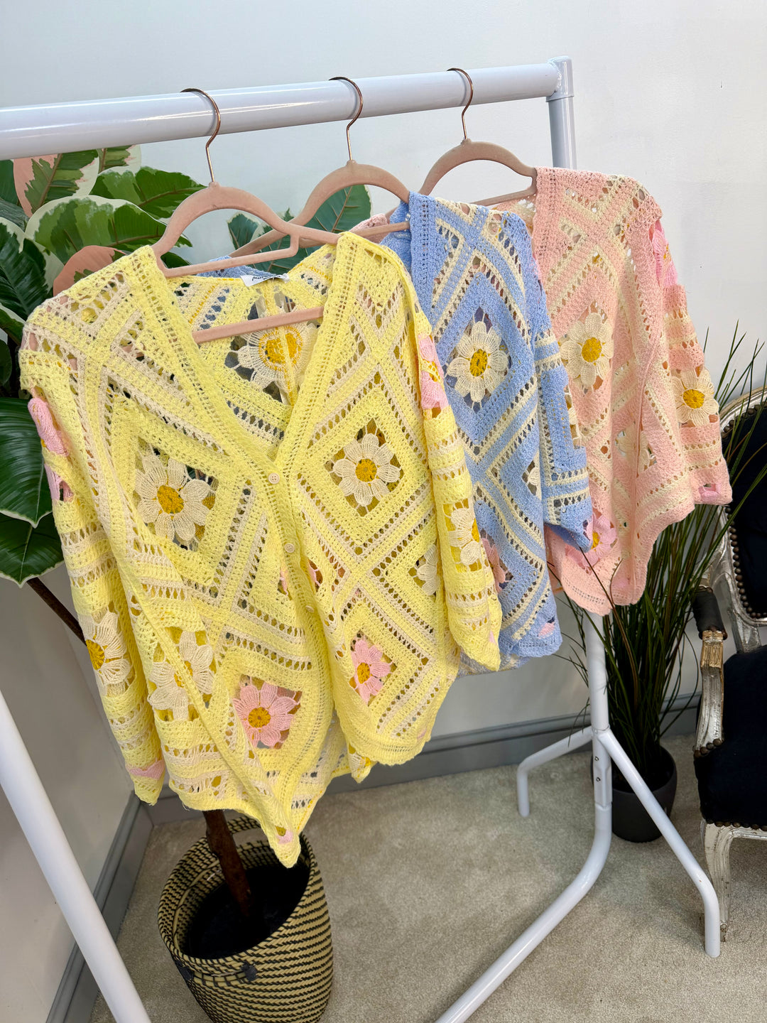 Ladies Fashion Crochet Shrug Cardigan - lemon, blue & pink