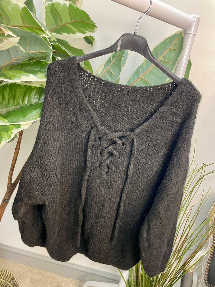 LADIES CHUNKY KNIT TIE NECK JUMPER - BLACK, BEIGE & BROWN