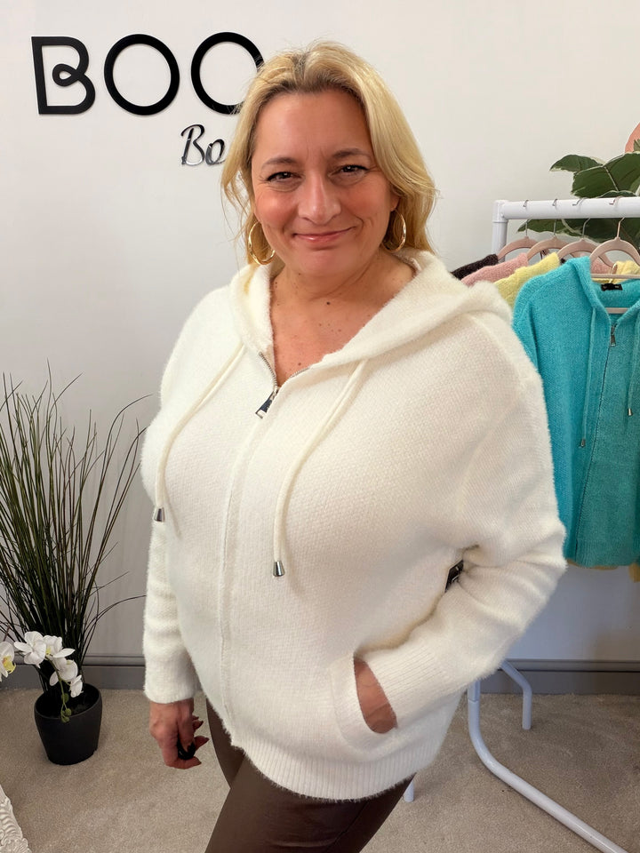 LADIES SOFT FLUFFY HOODY CARDIGAN - LEMON, AQUA, BROWN, PINK, WHITE