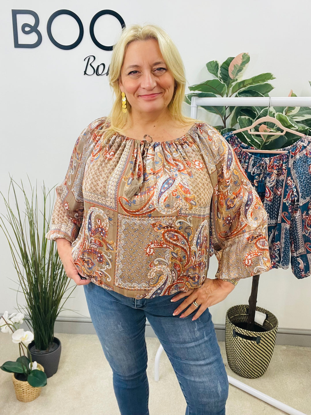 LADIES PAISLEY CHIFFON BARDOT TOP BLOUSE - BEIGE & TEAL