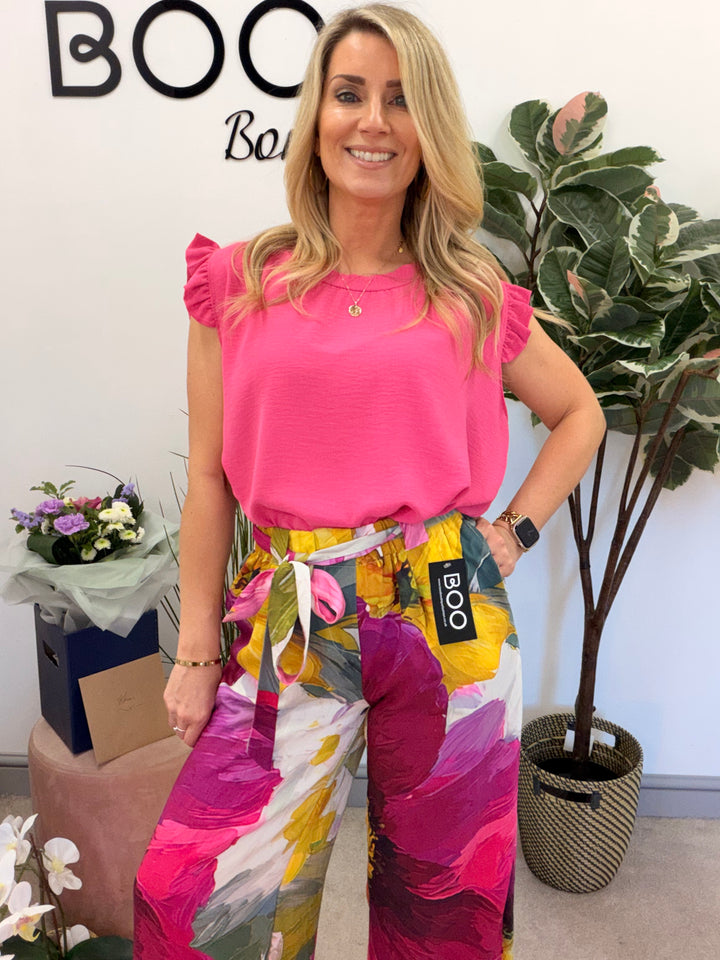 Ladies Fashion Frill Cap Sleeve Top fuschia pink