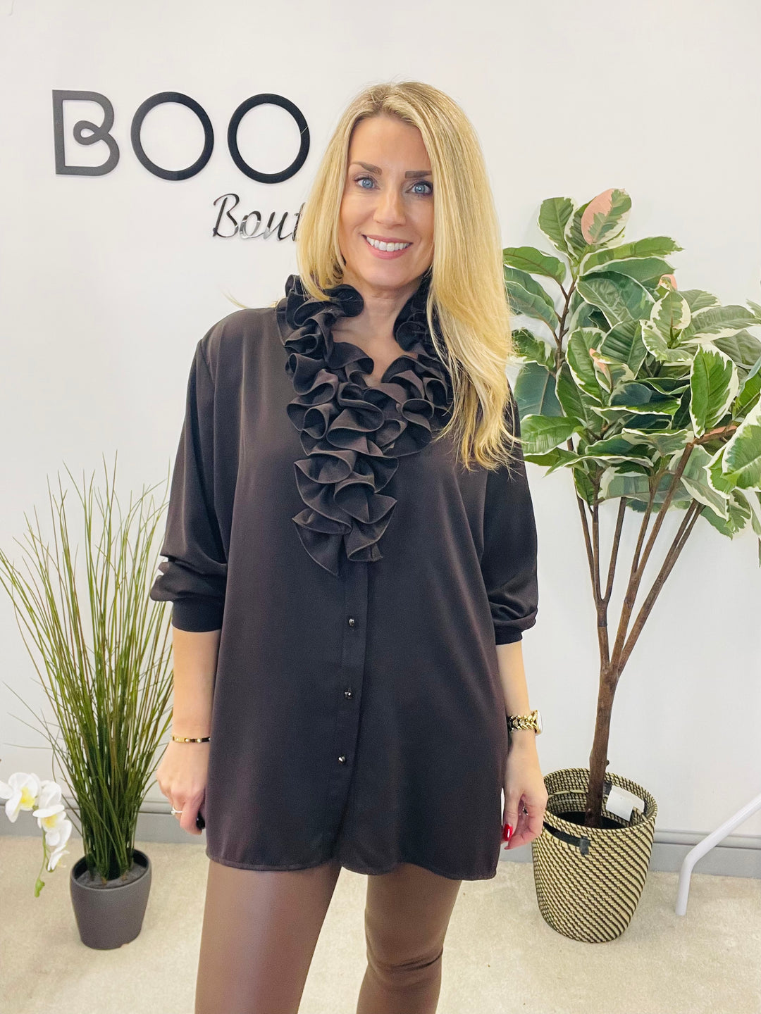 LADIES RUFFLE FRILL BLOUSE SHIRT - WHITE, BLACK, BROWN & BERRY