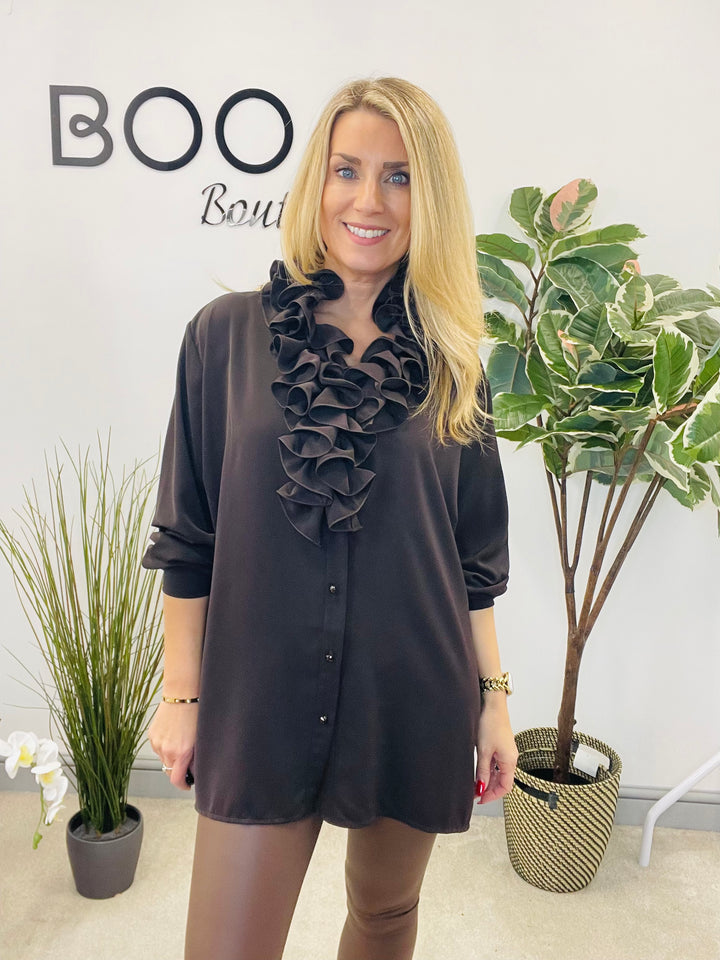 LADIES RUFFLE FRILL BLOUSE SHIRT - WHITE, BLACK, BROWN & BERRY