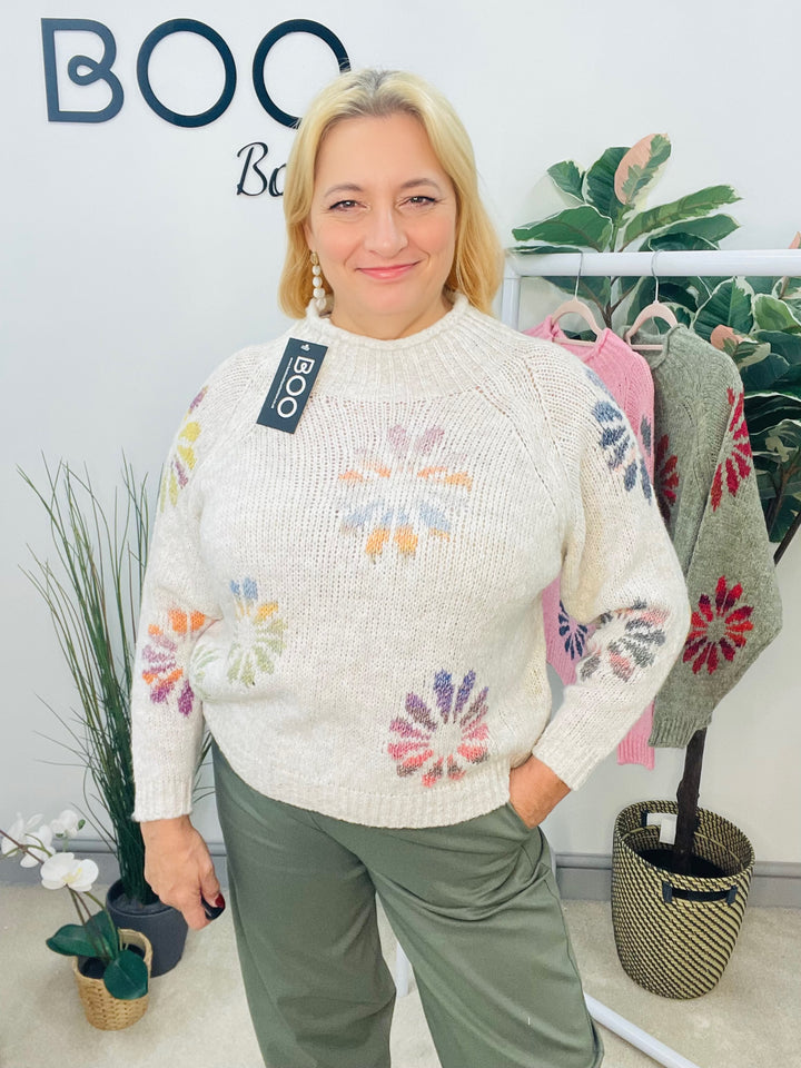 LADIES CONTRAST KNIT JUMPER - PINK, KHAKI & BEIGE