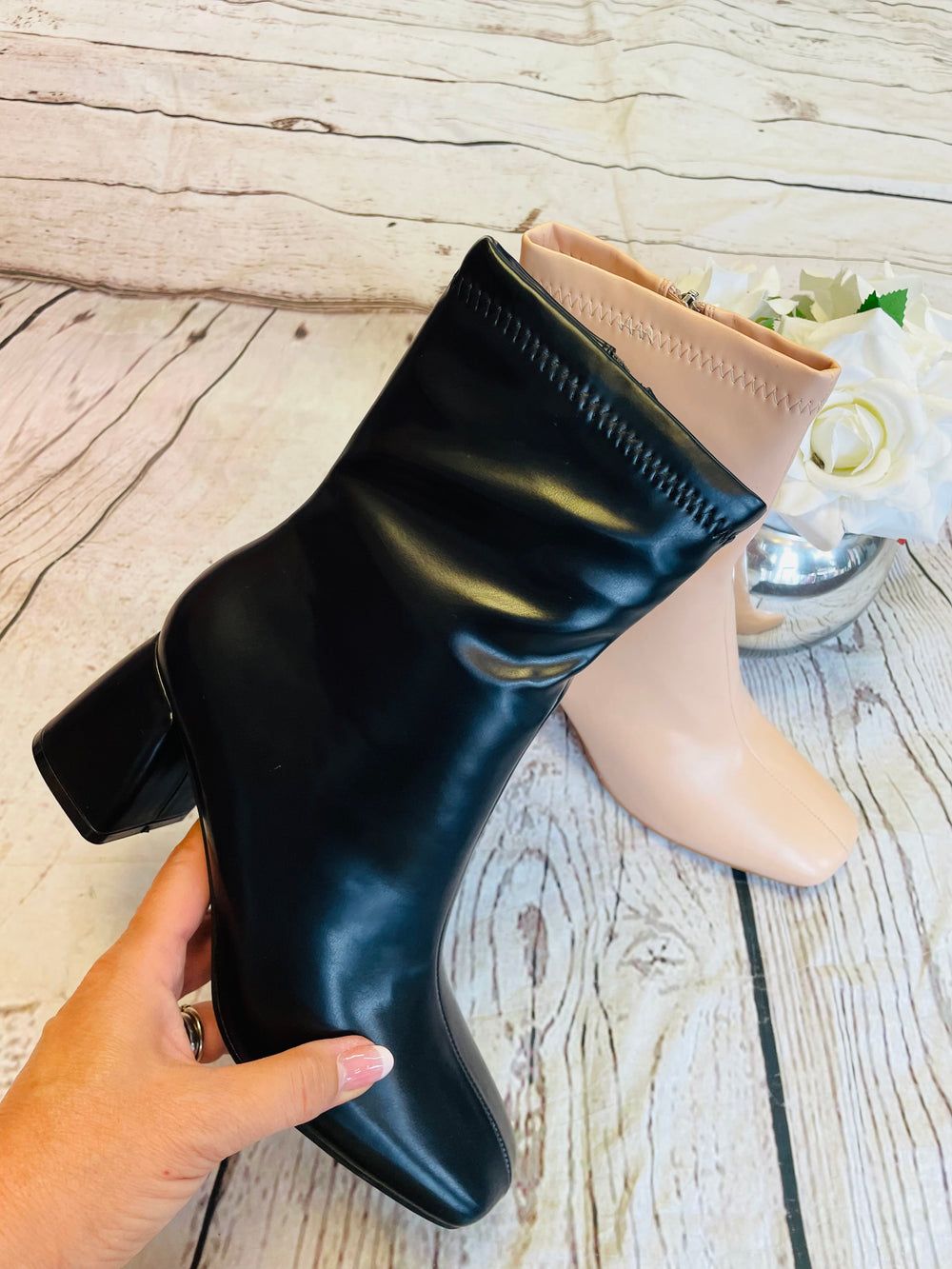 LADIES WOMENS BEIGE BLOCK HEEL ANKLE BOOTS