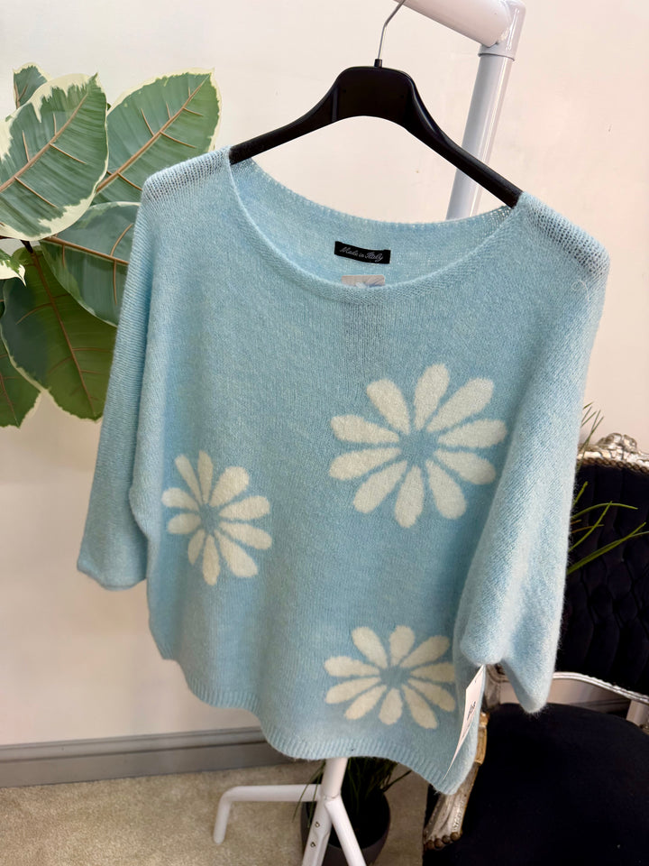 Ladies Fashion Daisy Short Sleeve Jumper - lemon, blue, white & pink