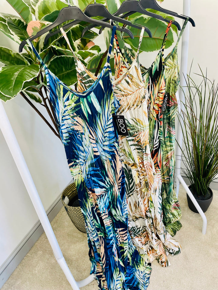 LADIES SATIN PLEATED TROPICAL PRINT SUMMER MAXI DRESS - CREAM, NAVY, KHAKI, BLACK